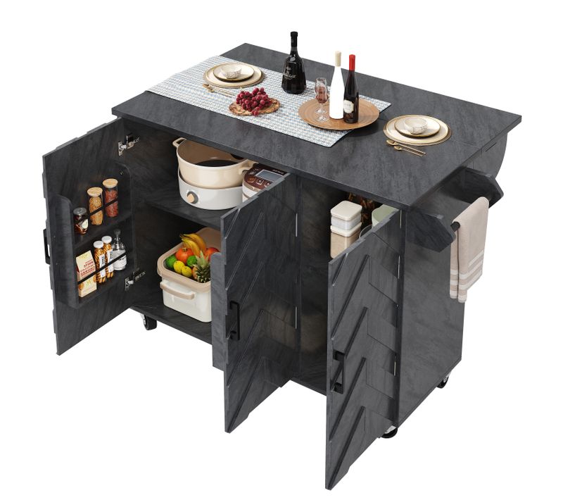 Îlot De Cuisine Pliant 118x75x92 Cm En Mdf Gris, 3 Portes, Table Rabattable Et Roulettes 360°