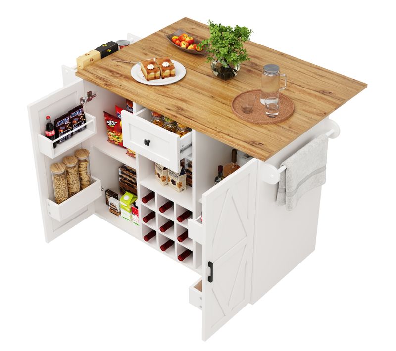 Îlot De Cuisine Pliant 137,5x40/65x95,6 Cm En Mdf Blanc — Chariot Multifonction Avec Rangement