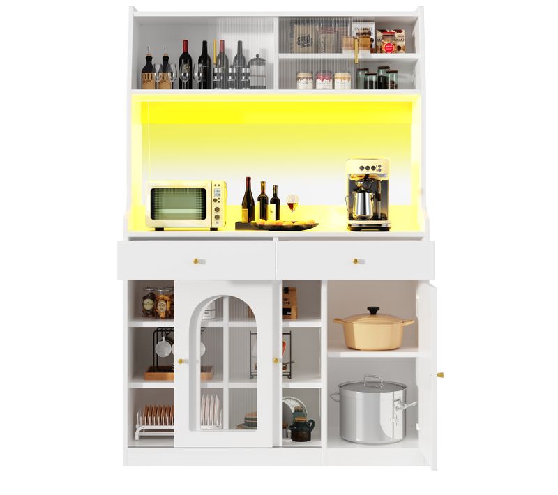 Buffet Haut 120x40x180 Cm Blanc, Portes Vitrées Coulissantes, LED Multicolore Et 2 Tiroirs