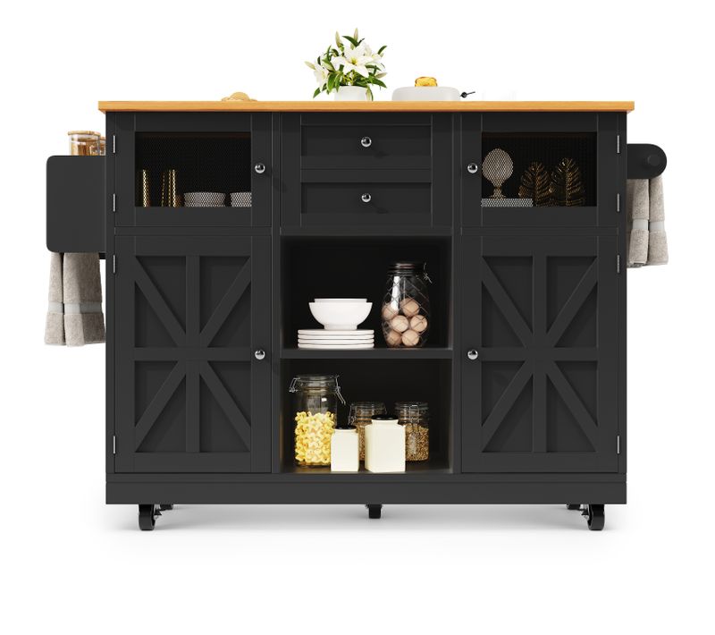Îlot De Cuisine 140x70x93,5 Cm Mdf Noir, Plateau Bois, Rallonges Pliantes, Roulettes 360°