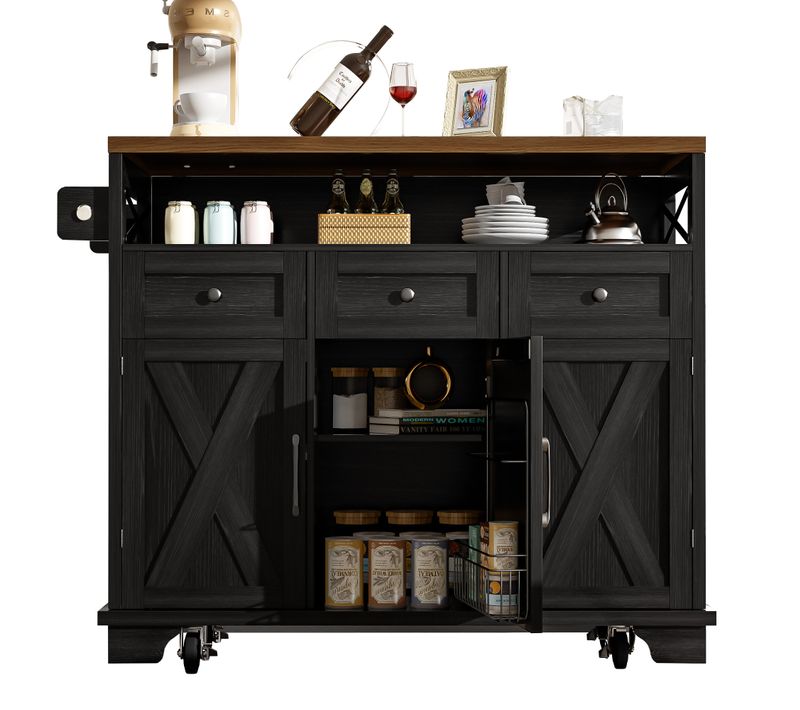 Îlot De Cuisine 118x43-80x98 Cm Noir — Plateau Effet Bois, Roulettes 360°, Rangement Modulable