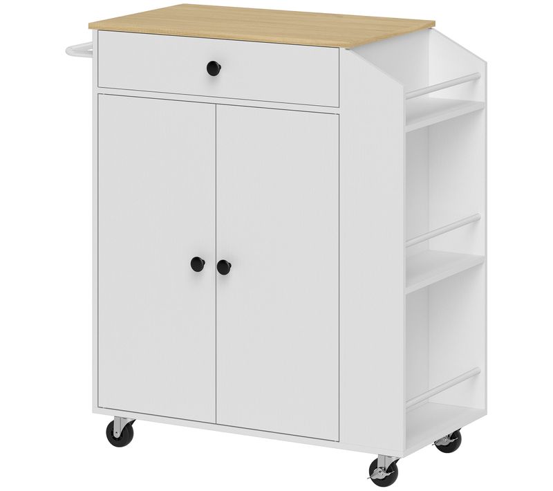 Lit Îlot De Cuisine Blanc, Chariot De Rangement Mobile, Plan Décor Chêne, Tiroir Et Armoire