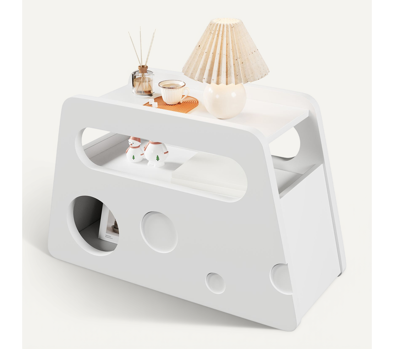 Table D'appoint Blanche 81x33x51,5 Cm Sur Roulettes, Bords Arrondis Et Ouvertures, Mdf/pb