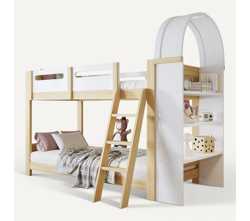 Lit Superposé Enfant 90x200 Cm Avec étagère Intégrée Blanc Et Naturel