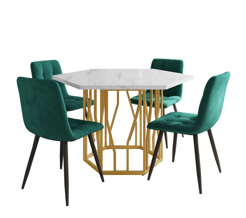 Table Hexagonale 115,5x100 Cm Et 4 Chaises Velours Vert, Plateau Mdf Effet Marbre, Pieds Dorés