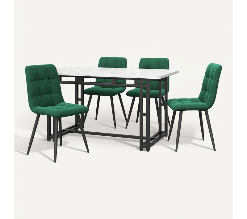 Set Table à Manger 120 Cm Avec 4 Chaises En Velours Vert Foncé Et Pieds Métal Noirs