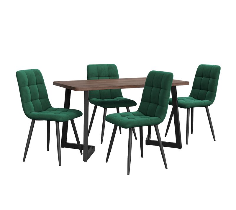 Ensemble Repas 5 Pièces, Table 117x68x75 Cm Mdf Noyer Et 4 Chaises Velours Vert Foncé, Pieds Métal