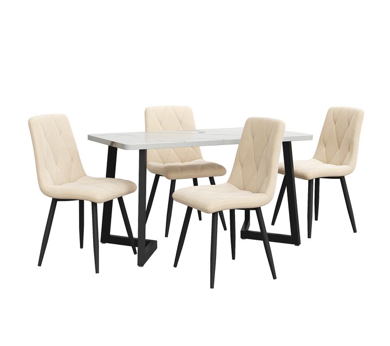 Ensemble Table à Manger 117x68x75 Cm Avec 4 Chaises En Velours Beige, Pieds Métal Noirs