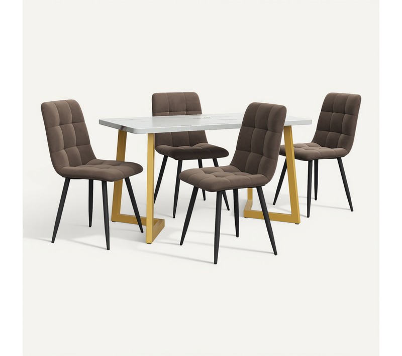 Ensemble Table 117x68x75 Cm Avec 4 Chaises Velours Brun, Plateau Mdf Effet Marbre, Pieds Dorés