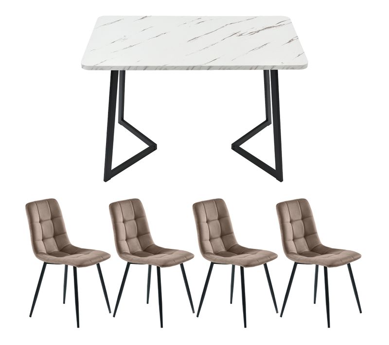 Ensemble Table à Manger 117x68 Cm Avec 4 Chaises Velours Marron, Plateau Mdf Effet Marbre