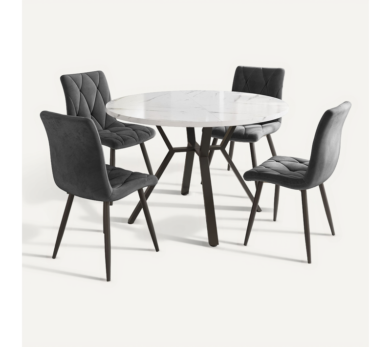 Ensemble Table Ronde 5 Pièces 100x75 Cm Mdf Effet Marbre, Pieds Métal Noirs, 4 Chaises Vertes