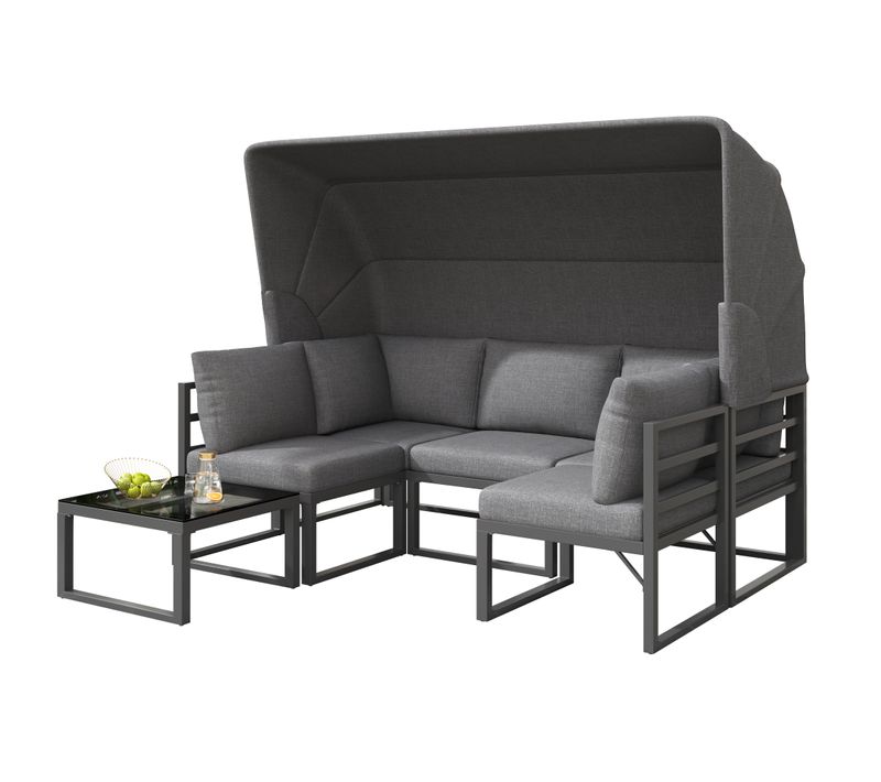 Ensemble Lounge Jardin 4 Pièces - Sofa 3 Places 176x65 Cm, Acier Galvanisé Gris, Voile Pliable