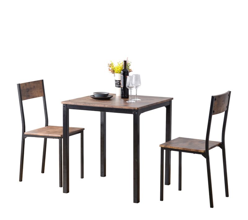 Ensemble table carrée 70x70 cm avec 2 chaises brun vintage, plateau MDF/PVC et piètement métal