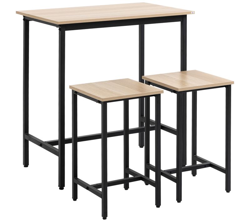 Ensemble table haute 3 pièces 80x50x85 cm, plateau bois effet naturel et piètement métal noir