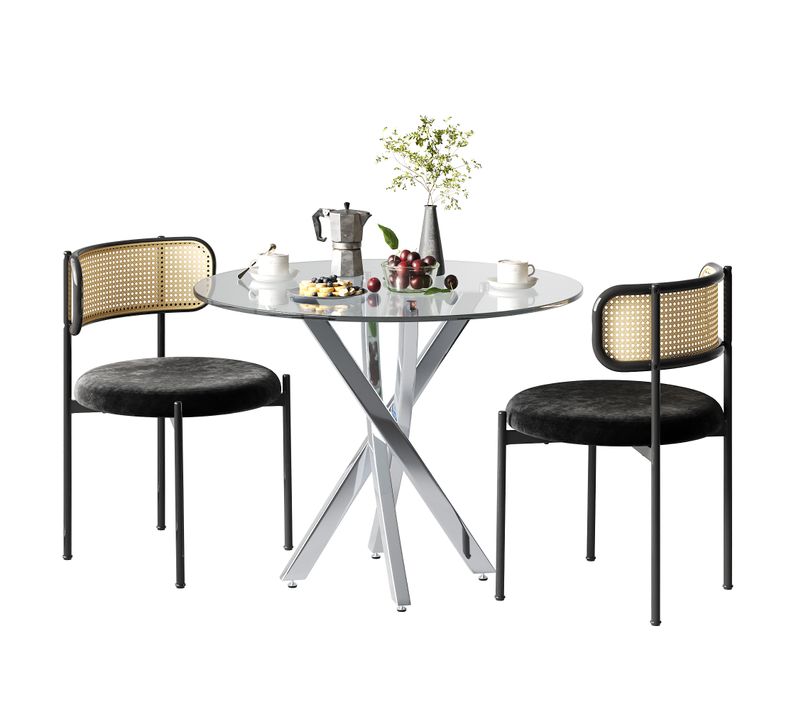 Ensemble table 80x80x75 cm en verre trempé avec 2 chaises rattan noires, pieds métalliques argentés