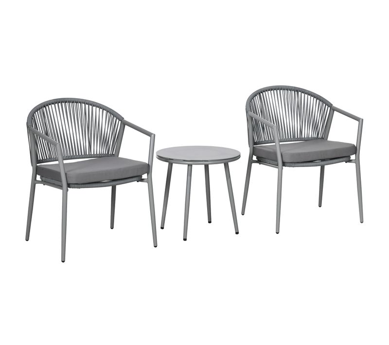 Salon de jardin 2 fauteuils + table ronde48 cm en résine tressée gris clair, structure acier