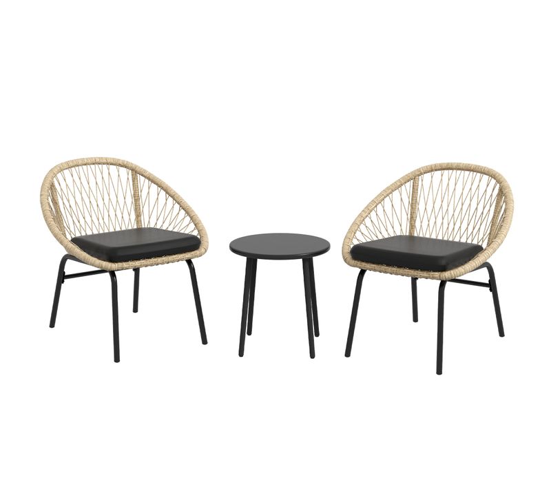 Salon de jardin 3 pièces en rotin jaune pour balcon : 2 fauteuils avec accoudoirs et table ronde40cm