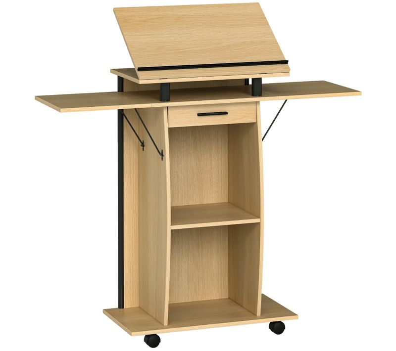 Pupitre Mobile Chêne 126 Cm, 2 Tablettes Pliantes, Plateau Inclinable 7 Positions Et Tiroir