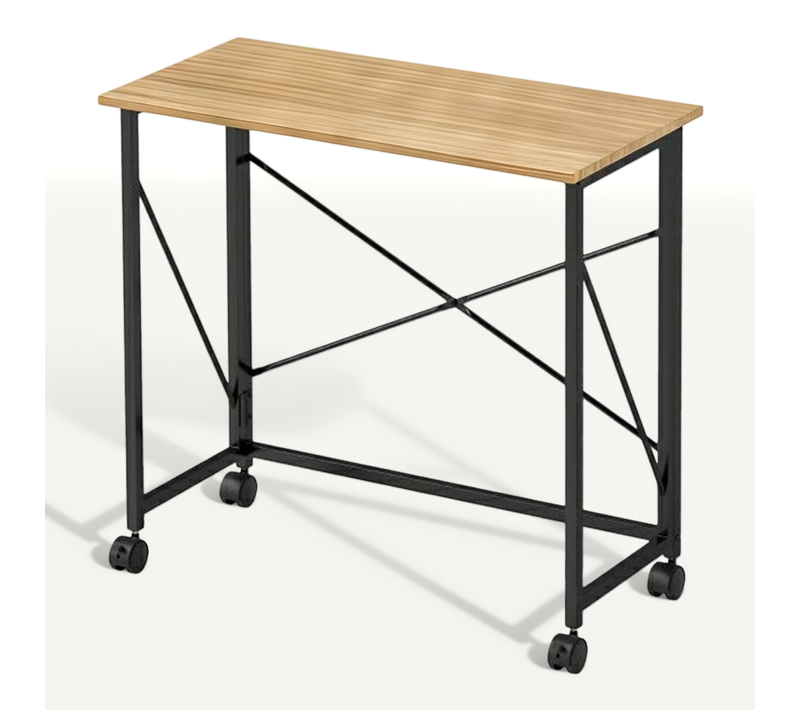 Bureau Pliant 80x40x75 Cm Aspect Chêne, Cadre Acier Thermolaqué, Sur Roulettes Freinées