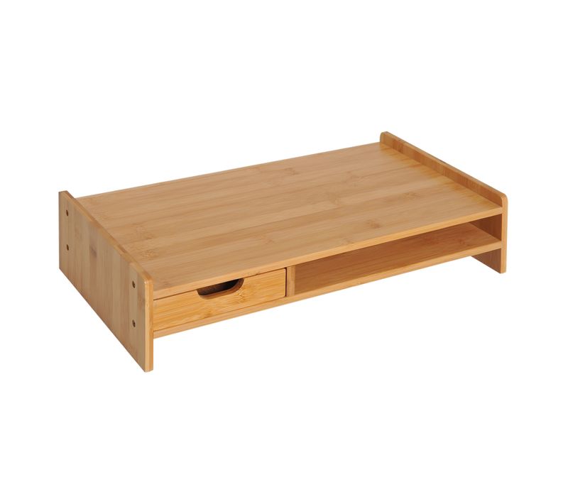 Support écran En Bambou Naturel 49x25,5x11,5 Cm — Rangement Avec Tiroir Intégré