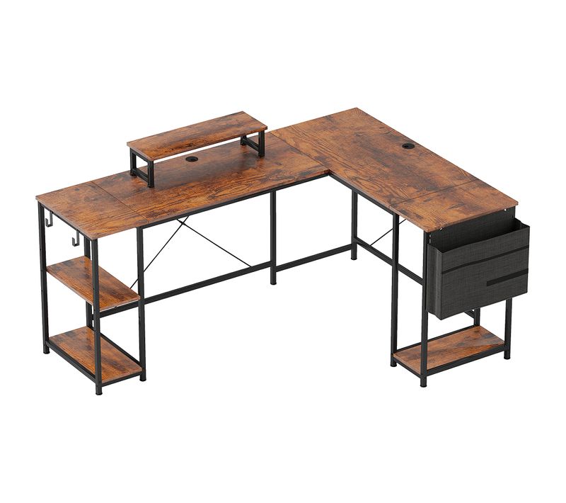 Bureau D'angle 168x120 Cm (ext. 240x48 Cm) En Bois Marron, Rangement Et Support Écran 42 Pouces