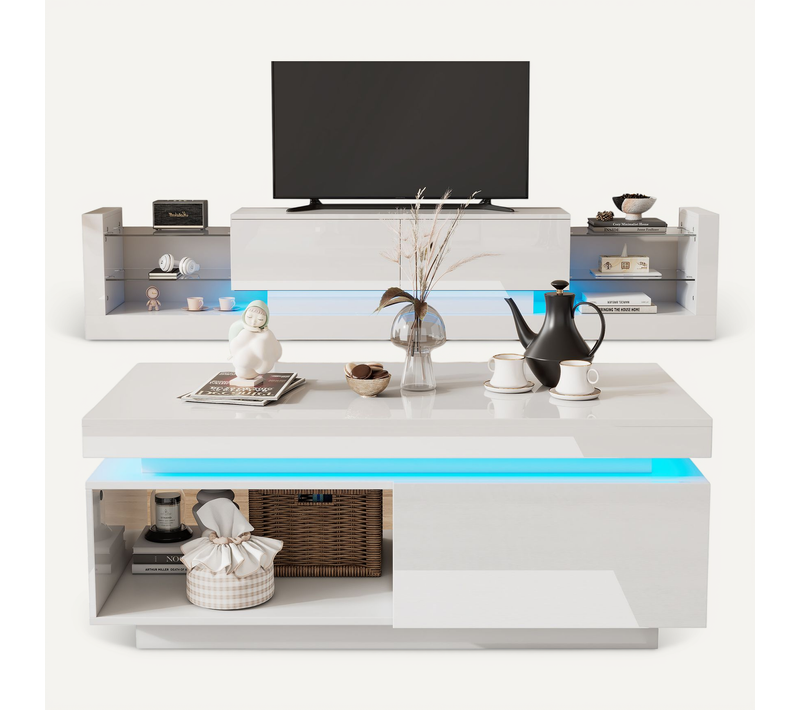 Ensemble Meuble TV 181x38 Cm + Table Basse 100x50x40,3 Cm Blanc Laqué Avec LED, Design épuré