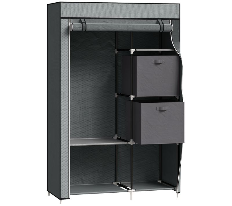 Armoire Textile 102x42,5x162,5 Cm Gris Foncé, Cadre Acier, 1 Tringle, 6 Étagères, Housse Zippée