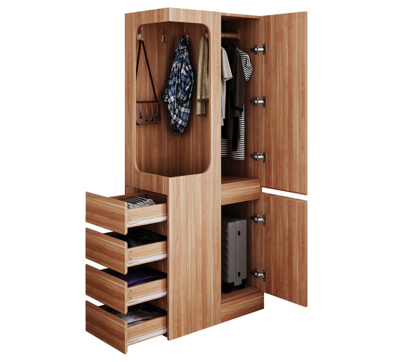 Armoire 70x40x170 Cm En Bois Naturel, Porte Simple, 4 Tiroirs Et Penderie Ouverte