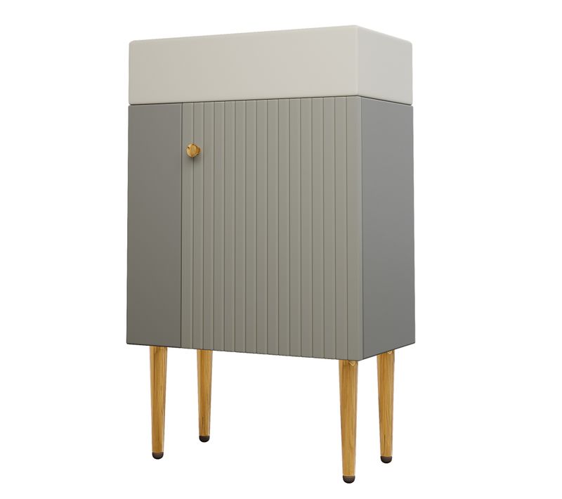 Meuble Vasque Compact Gris Et Blanc Avec Vasque Céramique Brillante, Panneau 3d Et Rangements