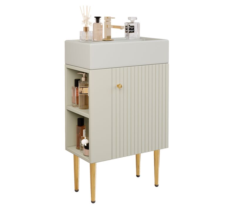 Meuble Sous-vasque Compact 1 Porte Blanc En Mdf, Vasque Céramique Brillante Et Plan Intégré