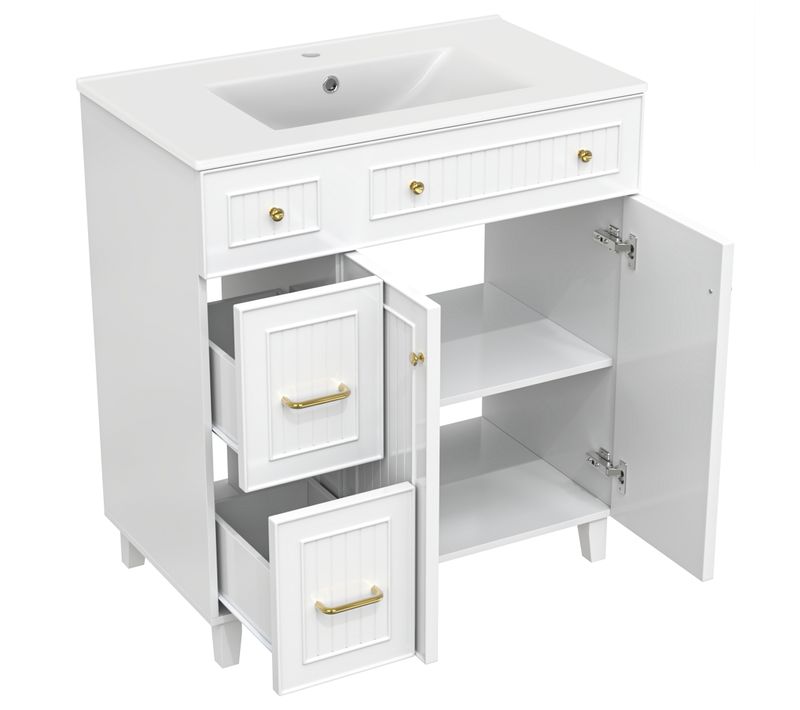 Meuble Sous-lavabo 81,7 Cm Avec Vasque Céramique Blanche, Corps Mdf Laqué Et Pieds Bois Massif