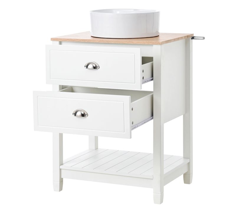 Meuble Sous-vasque 2 Tiroirs Et Niche Avec Vasque Céramique Ronde En Mdf Blanc Et Bois Clair