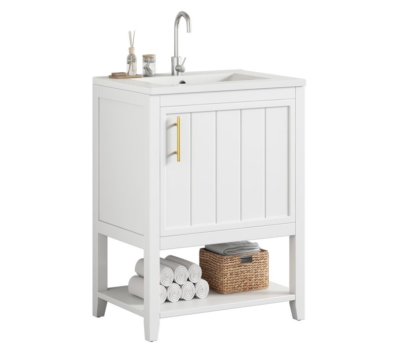 Meuble Sous-vasque Blanc Avec Lavabo Céramique Brillant, Pied Antidérapant, Design Contemporain