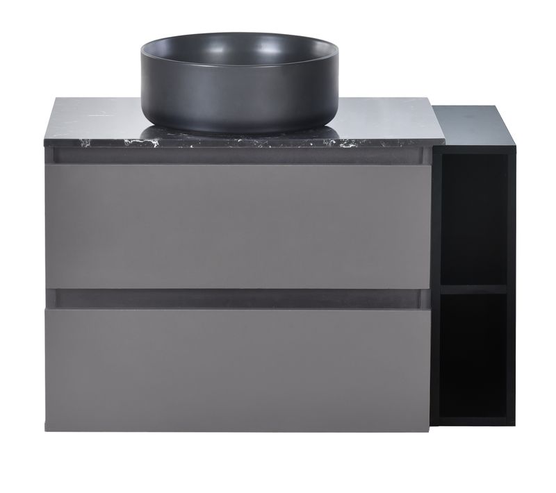 Meuble Sous-vasque Noir/gris Avec Plan Marbre Et Vasque Ronde En Céramique, Style Bicolore