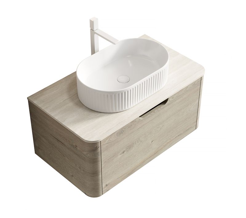 Meuble Vasque Mural 80 Cm En Travertin Et Céramique, Caisson Contreplaqué Chêne Crème Finition Beige