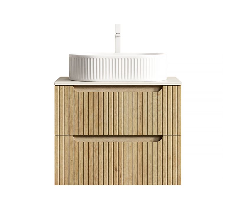 Meuble Lavabo Suspendu 60 Cm Chêne Clair Avec Vasque Ovale En Céramique Et Plan Travertin