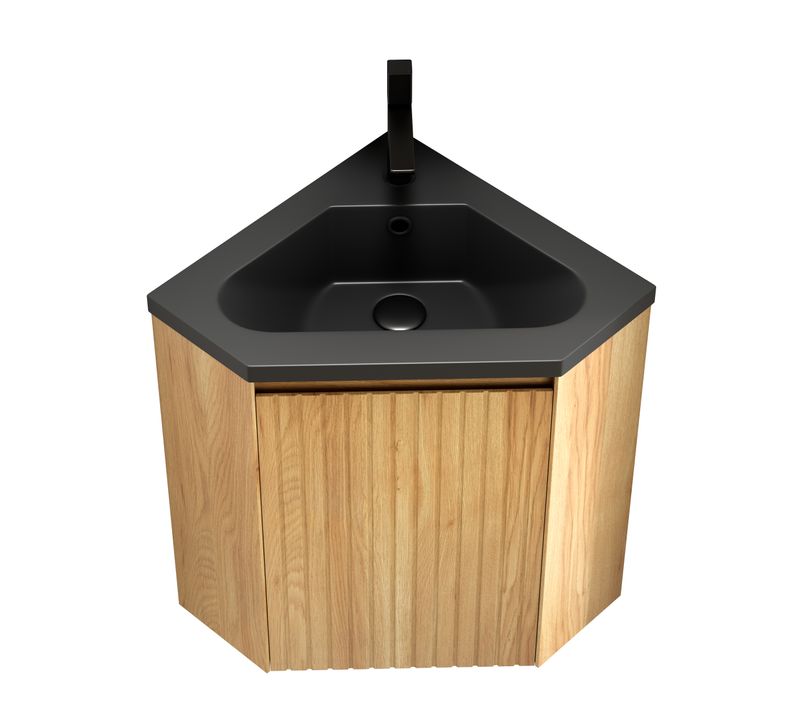 Meuble Vasque Mural D'angle Triangulaire, Vasque Intégrée Résine Noire Mate, Porte Bois