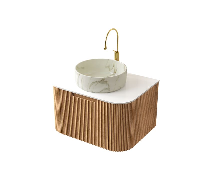 Meuble-lavabo Mural Bois Naturel/blanc, Vasque Ronde En Céramique Et Plan En Pierre Sintrée