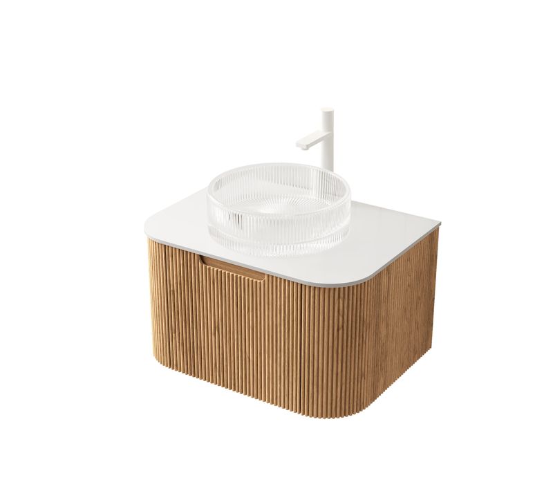 Meuble-lavabo Suspendu, Vasque Ronde Verre Clair Et Plan En Pierre Sintrée, Finition Bois Naturel