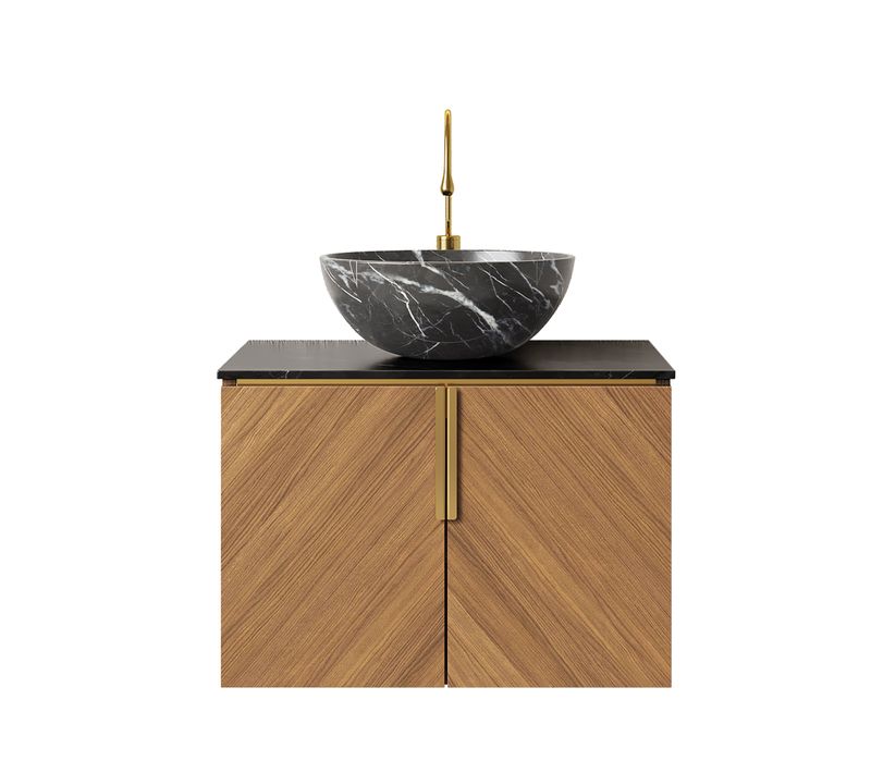 Meuble Vasque Mural En Sintered Stone Noir, Caisson Espresso 2 Portes, Vasque Céramique