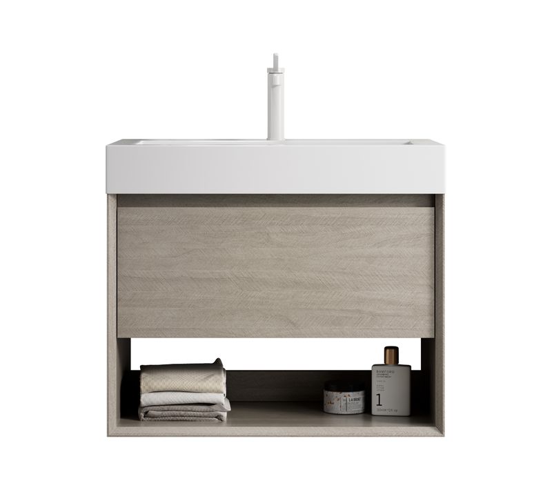 Meuble Lavabo Mural 70 Cm En Chêne Clair, Plan Vasque Monobloc En Résine Blanche, Tiroir Massif