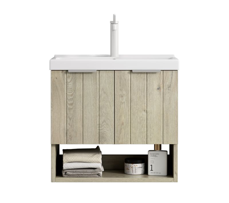 Meuble Lavabo Mural En Céramique Blanche, Façade Chêne Crème, 2 Portes Et Étagère Ouverte