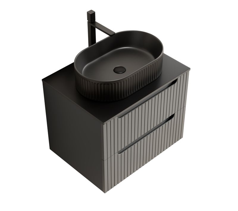 Meuble Vasque Suspendu En Pierre Sintrée Et Lavabo Céramique, Finition Bois Ou Gris Foncé