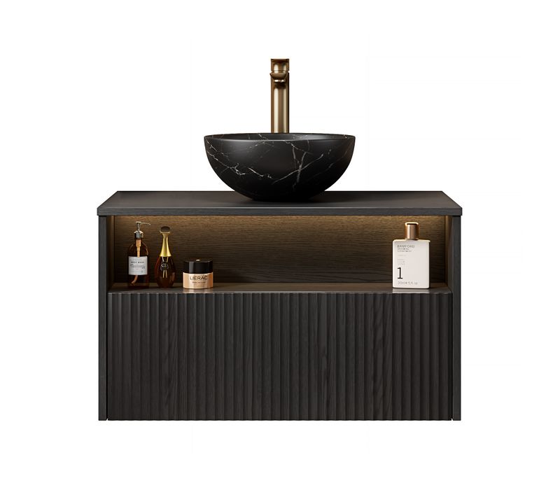 Meuble De Salle De Bains Suspendu Noir Avec Vasque Céramique Et Éclairage à Détection