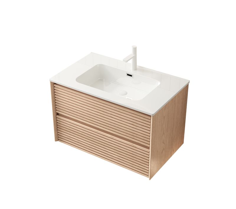 Meuble-lavabo Mural En Noyer Naturel, Vasque Céramique Blanche Intégrée Et 2 Tiroirs Soft-close