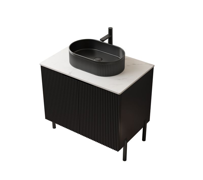 Meuble Lavabo Indépendant Noir Mat Avec Vasque Ovale En Céramique Striée Et Plan En Pierre Frittée
