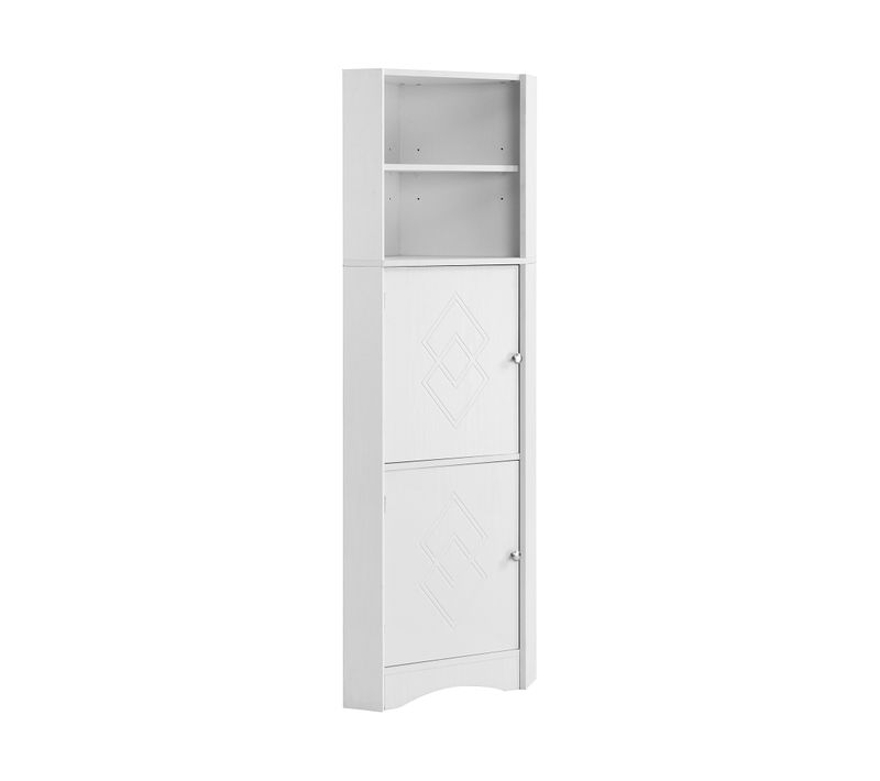 Colonne D'angle Pour Salle De Bain Blanche, étagères Ouvertes Et Rangement Fermé, Style Minimal