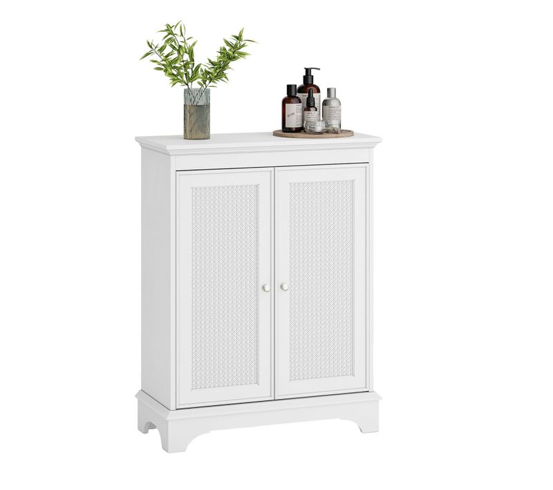 Meuble Bas De Salle De Bain 1 Porte 3 Étagères Réglables En Mdf Blanc Avec Insert Rotin