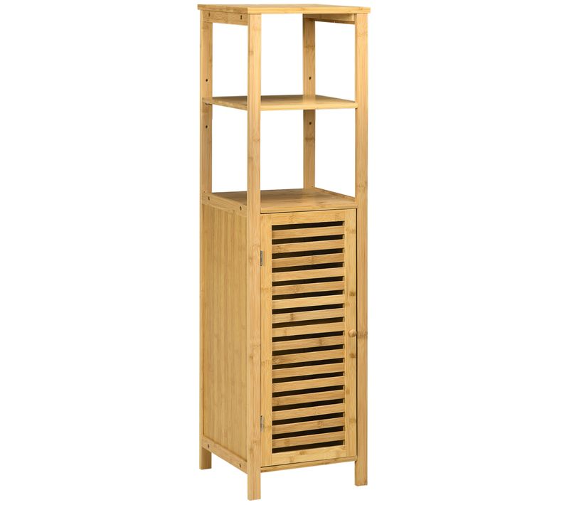 Armoire De Salle De Bain En Bambou Naturel 33x30x120 Cm, 2 étagères Et Porte à Lamelles Ventilée