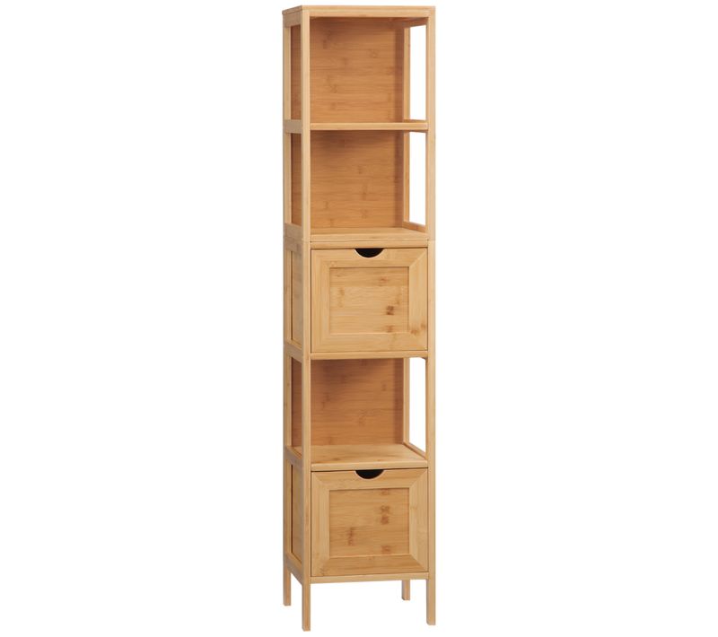 Armoire D'angle Pour Salle De Bain 30x30x140 Cm En Bambou, 3 étagères Et 2 Tiroirs Amovibles